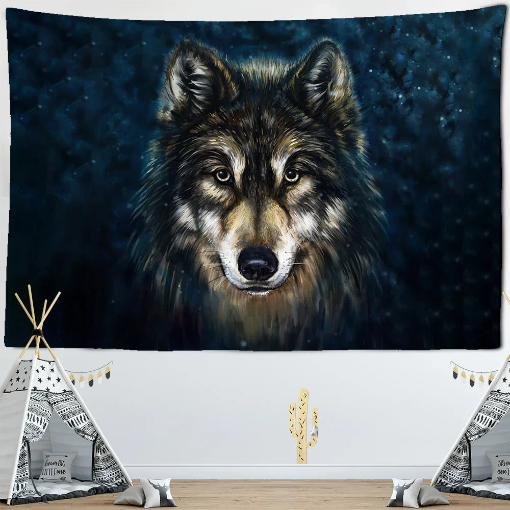 Afralia™ Wolf's Gaze Tribal Animals Tapestry Wall Hanging for Home Decor