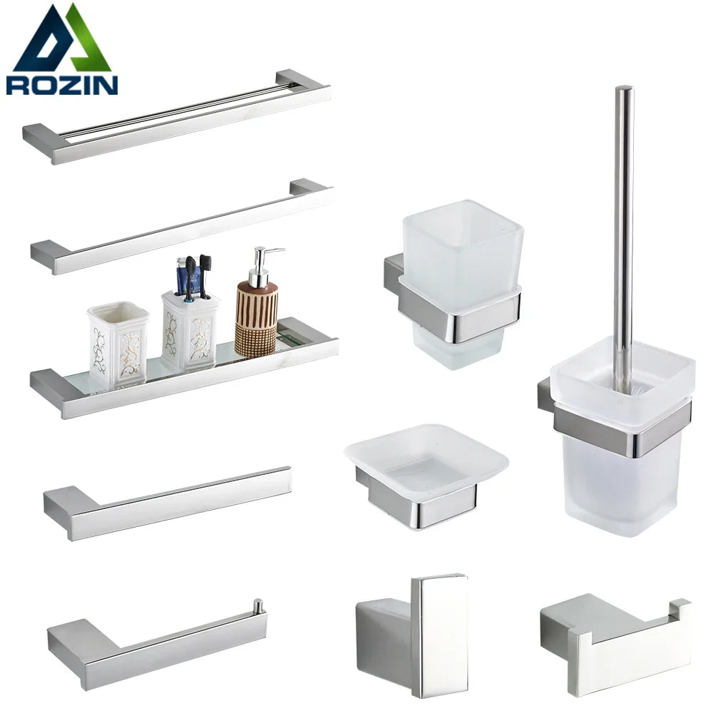 Afralia™ Chrome Bathroom Accessories Set with Towel Bar, Robe Hook, Shelf, and Toothbrush Holder