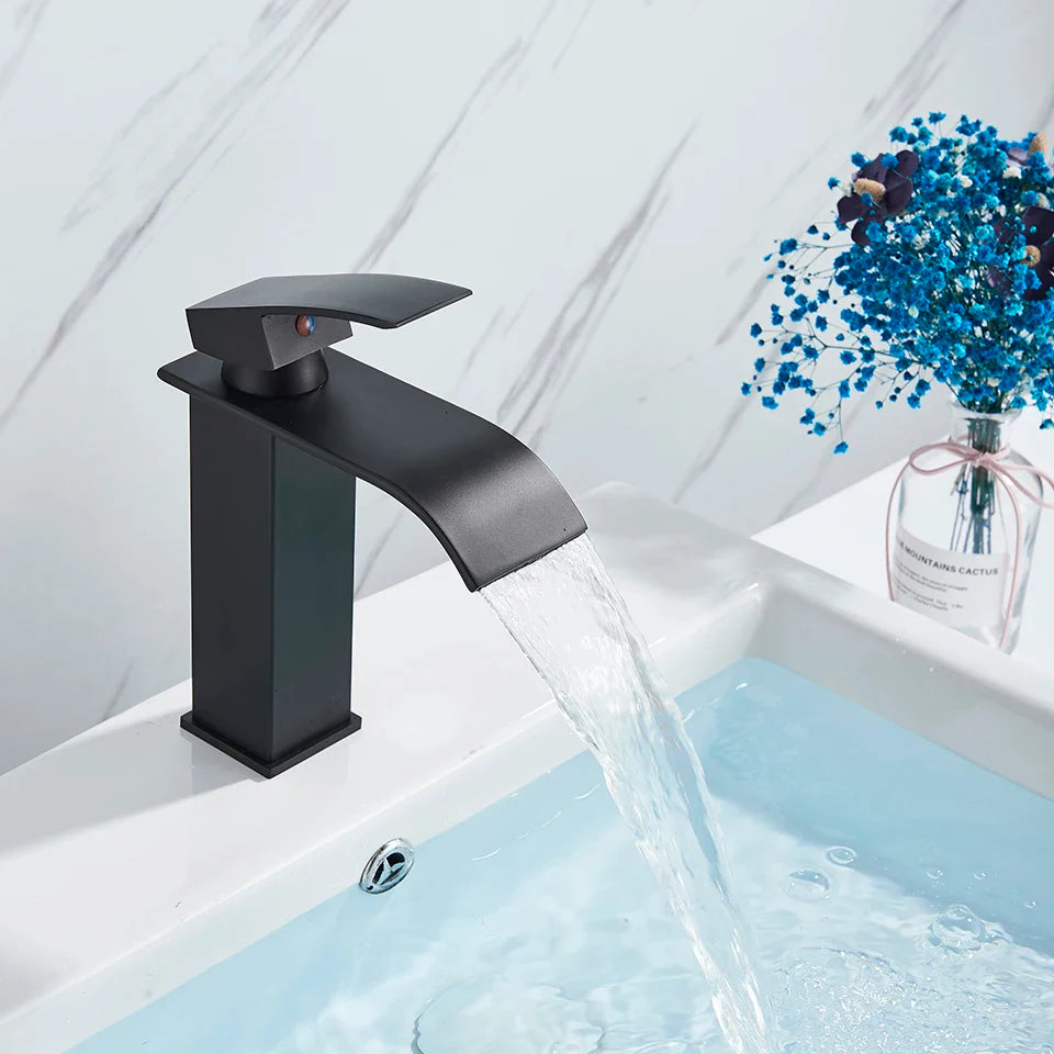 Afralia™ Black Brass Bathroom Waterfall Sink Faucet Hot&Cold Mixer Vanity Tap Deck Mounted