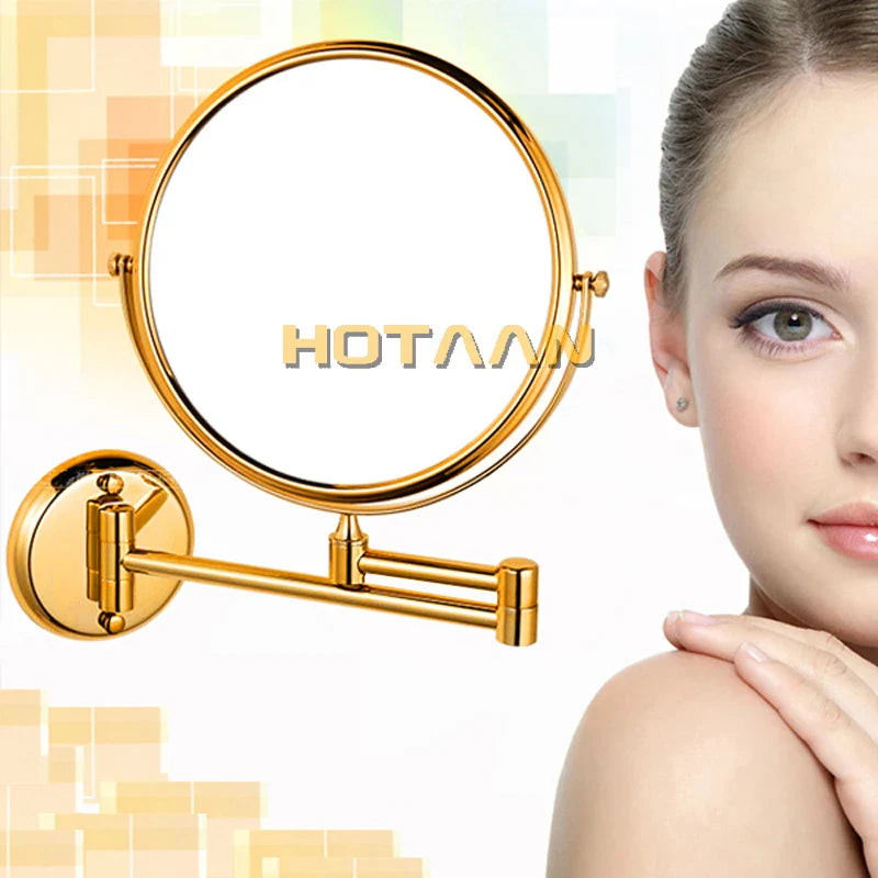 Afralia™ Gold Brass Wall Mounted Double Cosmetic Mirror 8 Inch, 1:1 and 1:3 Magnification