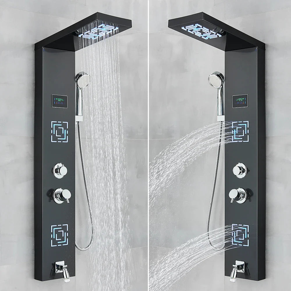 Afralia™ LED Light Shower Faucet System: Rainfall, Massage Jets, Waterfall Panel with Temperature Control