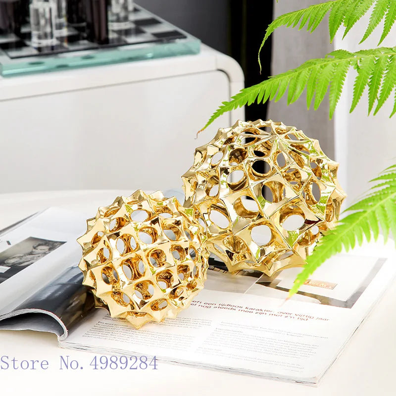Afralia™ Golden Metal Hollow Ball Spike Abstract Ornament Home Decor