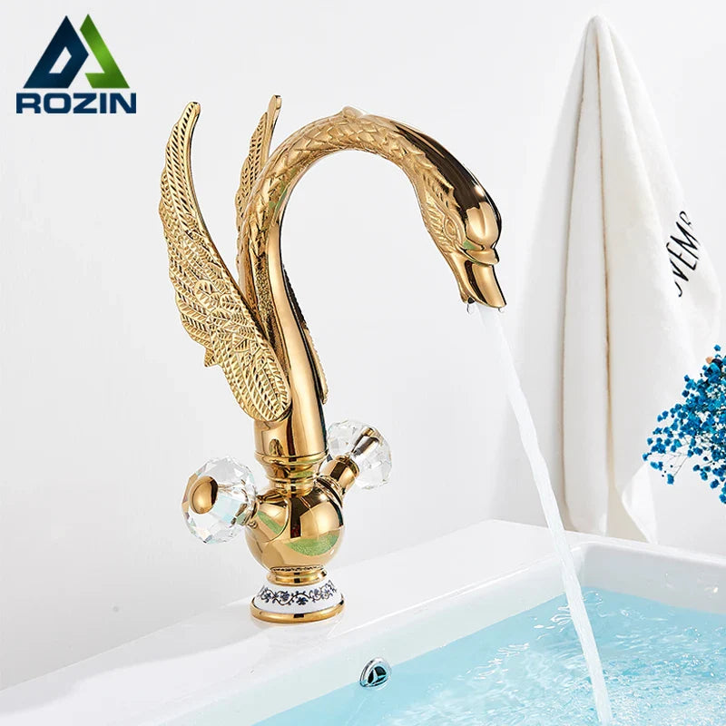 Afralia™ Golden Swan Basin Faucet: Solid Brass, Deck Mount, Dual Handle Mixer Tap