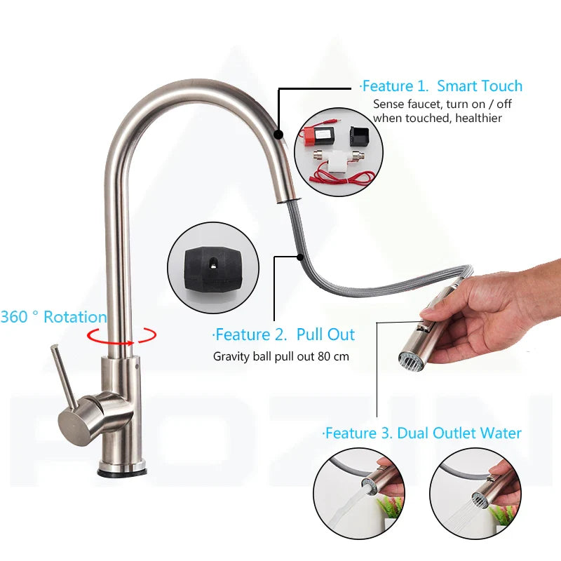 Afralia™ Smart Touch Kitchen Faucet - Brushed Gold, Pull Out Sensor, 360 Rotation, 2 Outlet