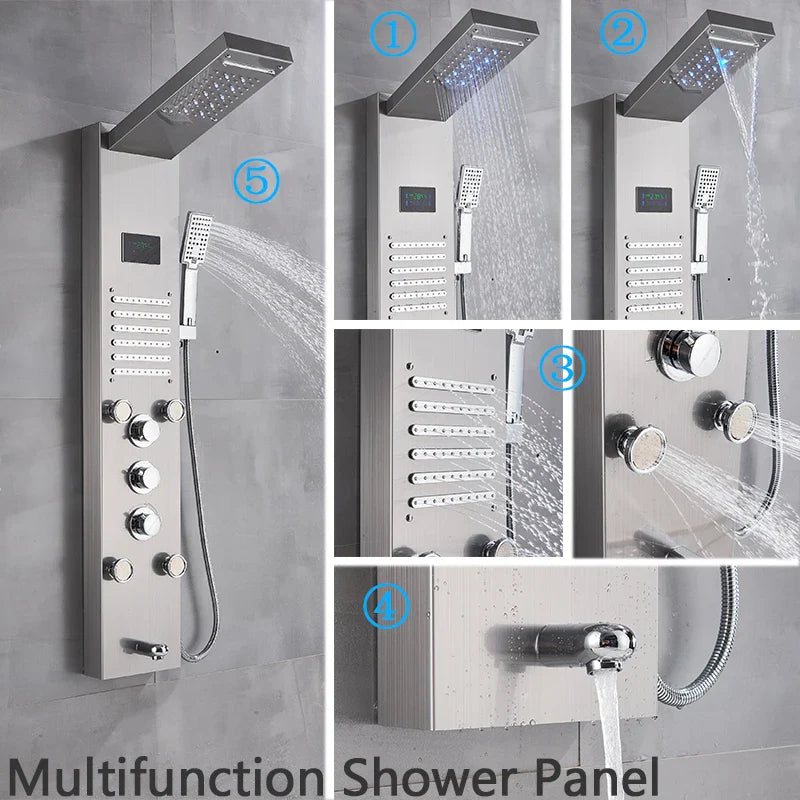 Afralia™ Stainless Steel Shower Panel LED Rain Waterfall Faucet Tower Mixer Tap