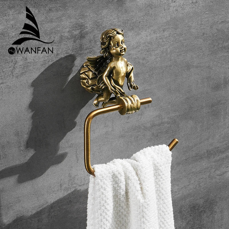 Afralia™ Gold Brass Angel Towel Ring Wall Rack for Bathroom - MB-0786B