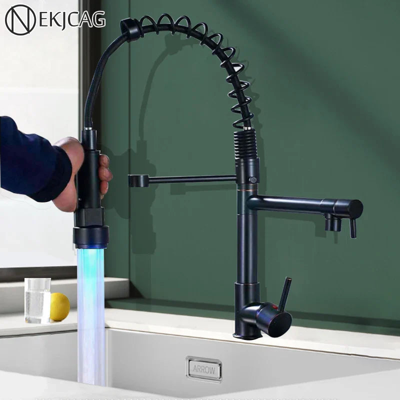Afralia™ LED Spring Kitchen Faucet: Dual Swivel Spout, Pull Down, Hot Cold Mixer Tap