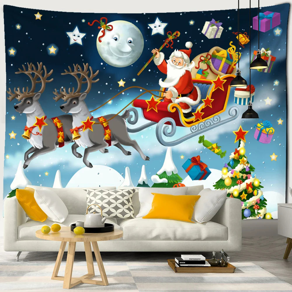 Afralia™ Santa Claus Sleigh Tapestry Wall Hanging Witchcraft Christmas Day Girl Home Decor