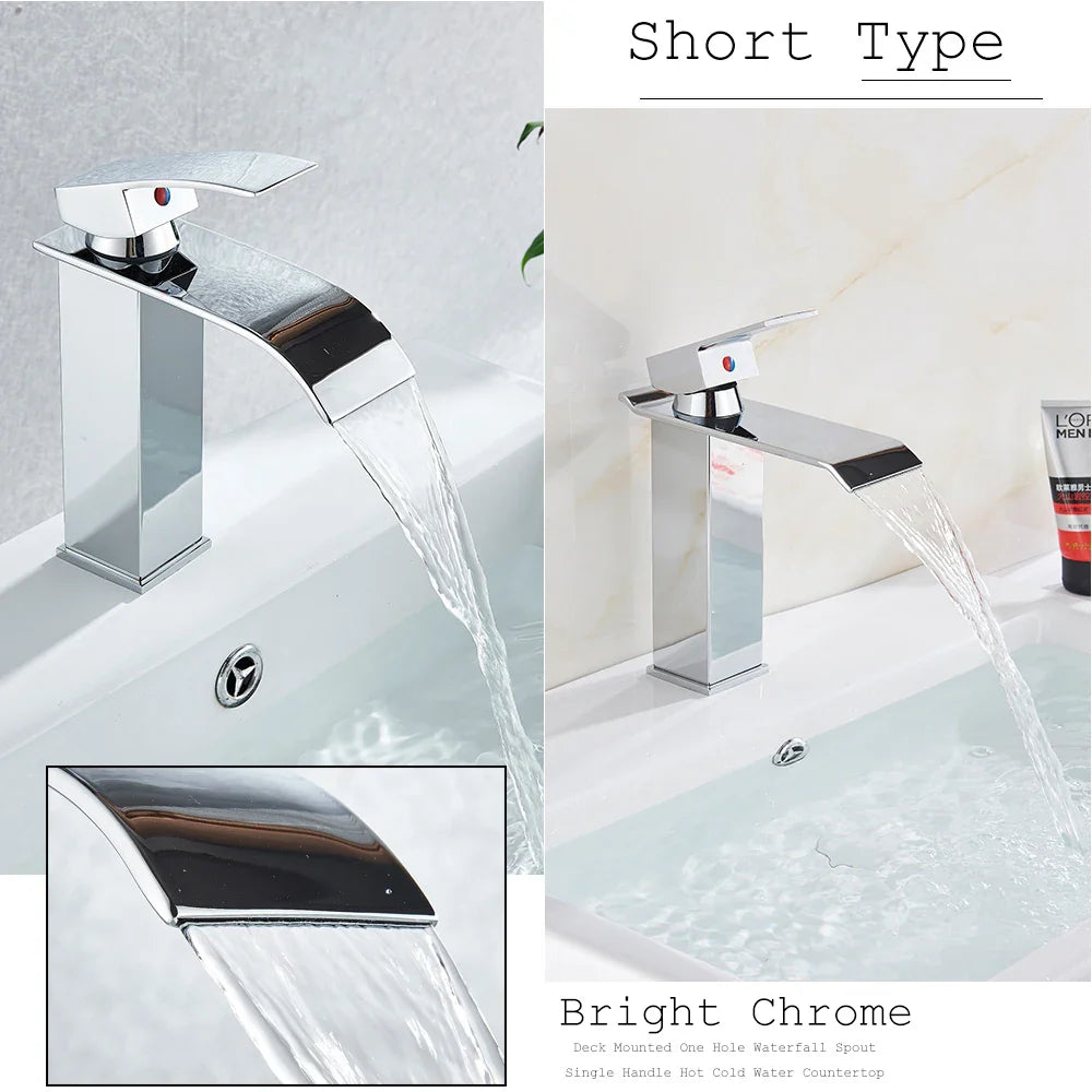 Afralia™ Waterfall Basin Faucet Chrome/Black Brass Mixer Tap for Bathroom Sink