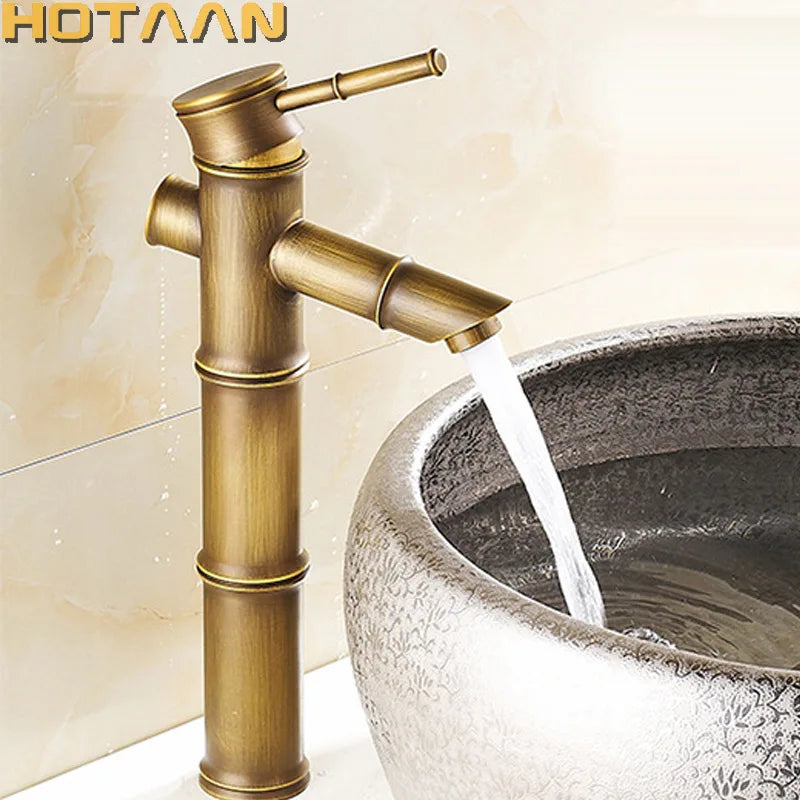 Afralia™ Antique Brass Bamboo Style Basin Faucet, Vintage Bronze Finish, Single Handle Hot/Cold Tap