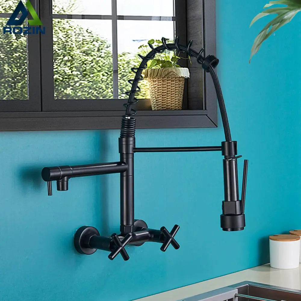 Afralia™ Black Wall-Mounted Kitchen Faucet with Swivel Spout and Dual Handles