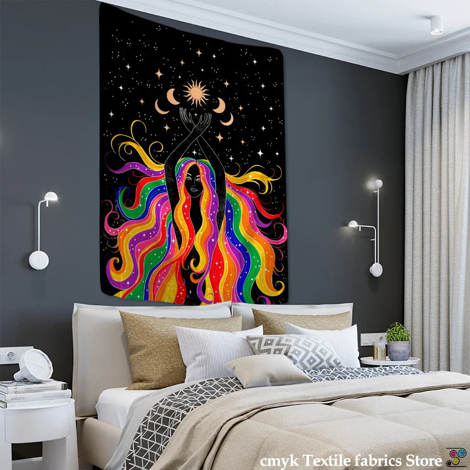 Afralia™ Moon Phase Girl Mandala Tapestry: Bohemian Hippie Wall Hanging for Psychedelic Home Decor