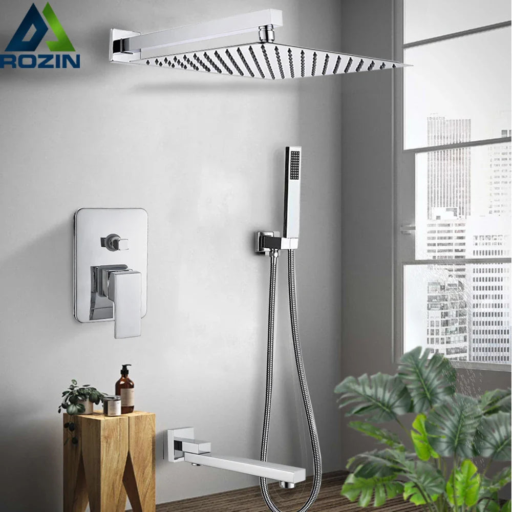 Afralia™ Chrome Rainfall Shower Faucet Set with Tub Spout Mixer Tap