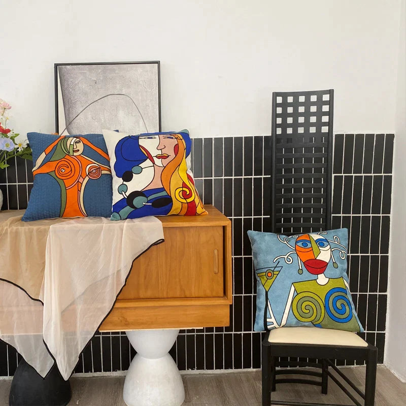 Afralia™ Abstract Embroidery Pillowcase 45x45cm Picasso Decorative Throw Pillows Sofa & Car