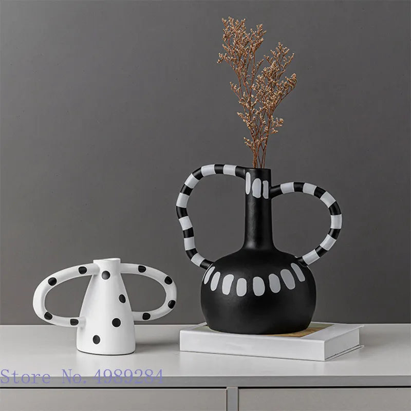 Afralia™ Ceramic Vase with Black and White Spots | Abstract Wave Point Design