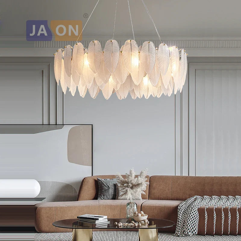 Afralia™ Silver Gold LED Feather Chandelier - Art Deco Round Pendant Light