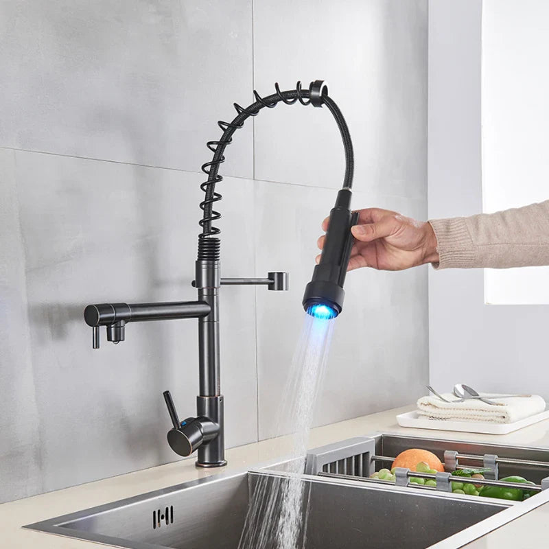 Afralia™ LED Spring Kitchen Faucet: Dual Swivel Spout, Pull Down, Hot Cold Mixer Tap