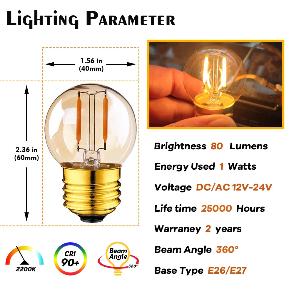 Afralia™ Amber Glass LED Bulb G40 1W E12 E14 Base 2200K Low Voltage for RV Ship
