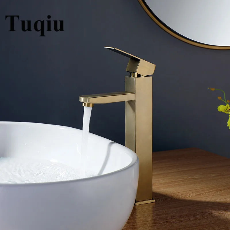 Afralia™ Brushed Gold Stainless Steel Bathroom Basin Sink Faucet Mixer