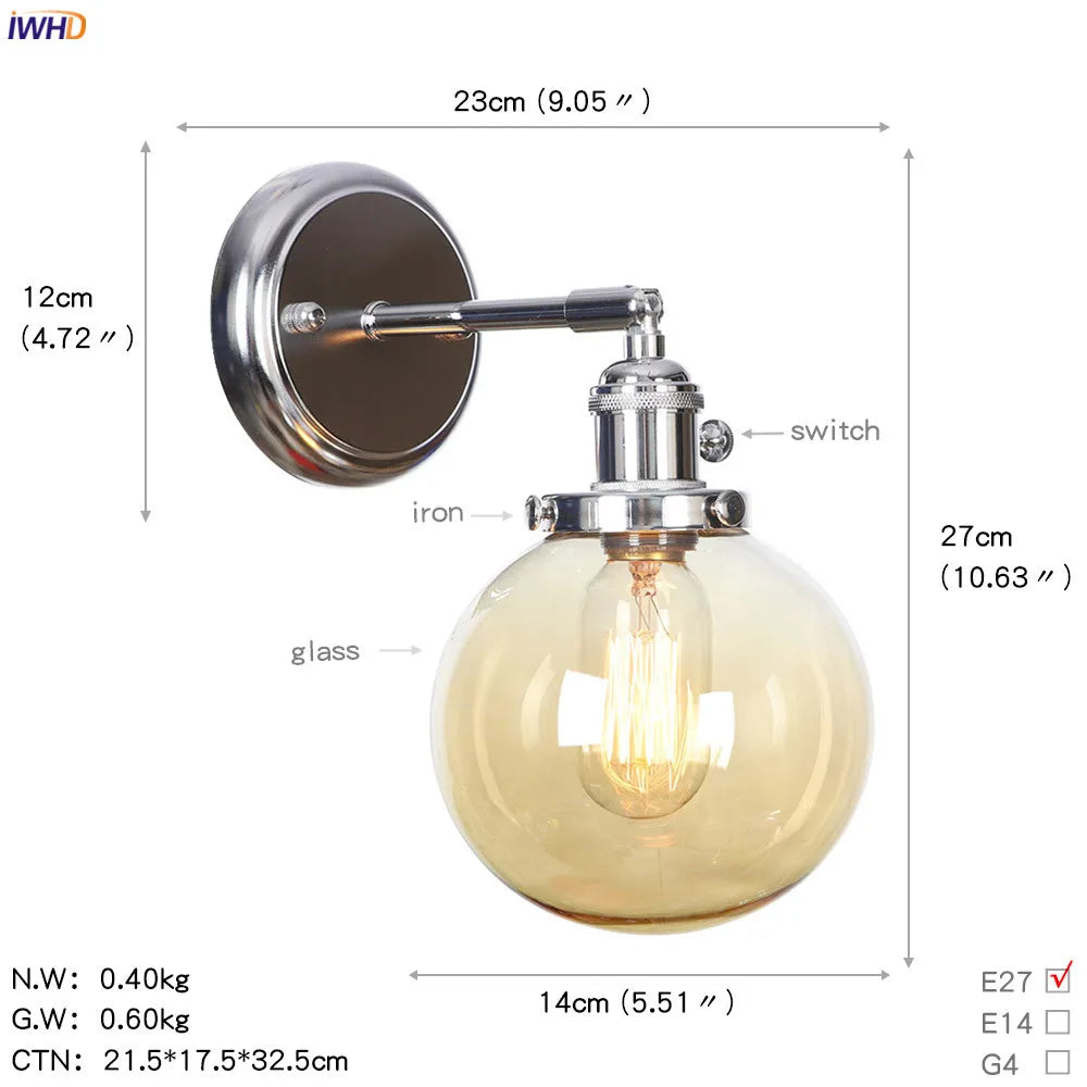 Afralia™ Modern Amber Glass Ball LED Wall Lamp for Home Bedroom Stair Mirror