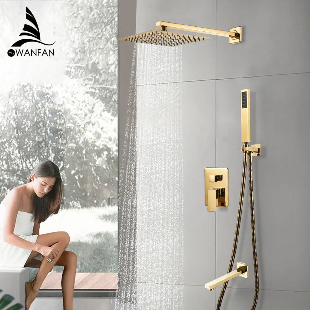 Afralia™ Gold Bath Rain Shower Wall Concealed Faucet Set
