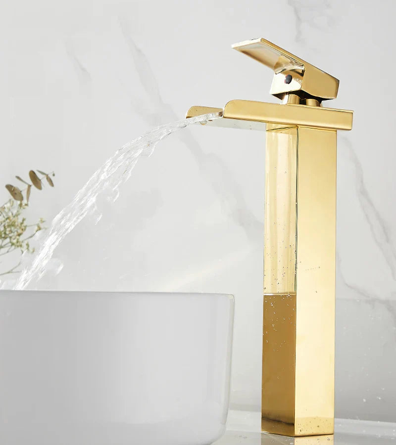 Afralia™ Gold Waterfall Basin Faucet, Deck Mounted Mixer Tap for Bathroom Sink