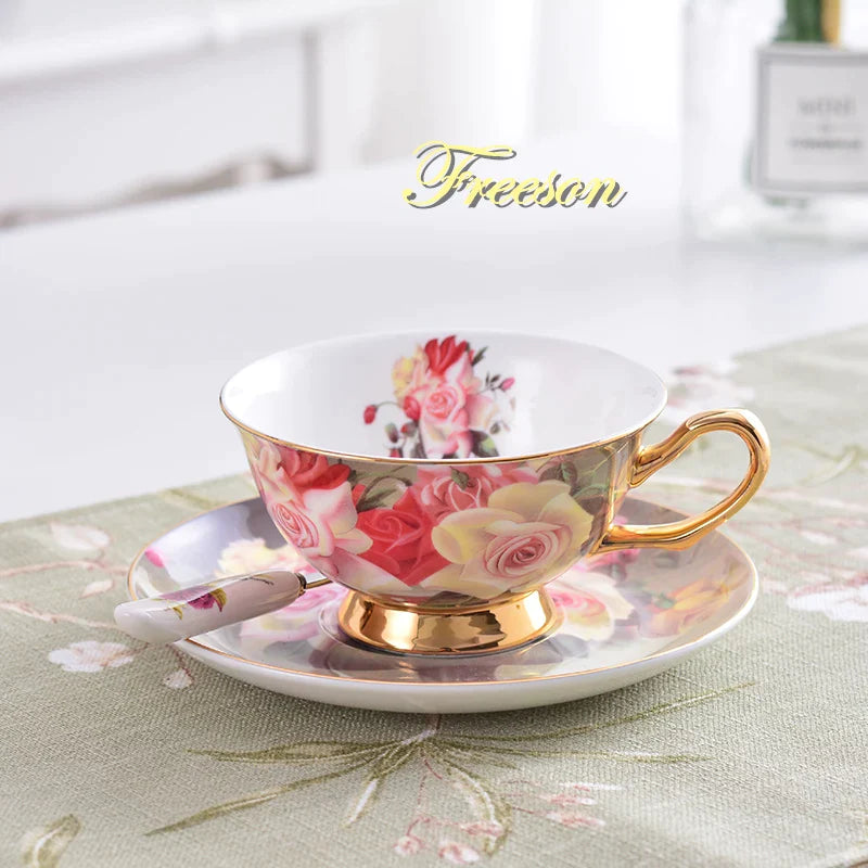 Afralia™ Vintage Rose Porcelain Tea Cup Set 200ml British Cafe Afternoon Teacup
