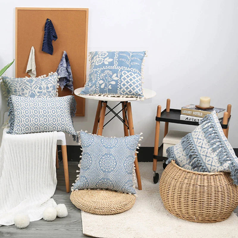 Afralia™ Blue Tassel Cushion Cover 45x45cm/30x50cm for Home Decor, Boho Style Vintage Pillow