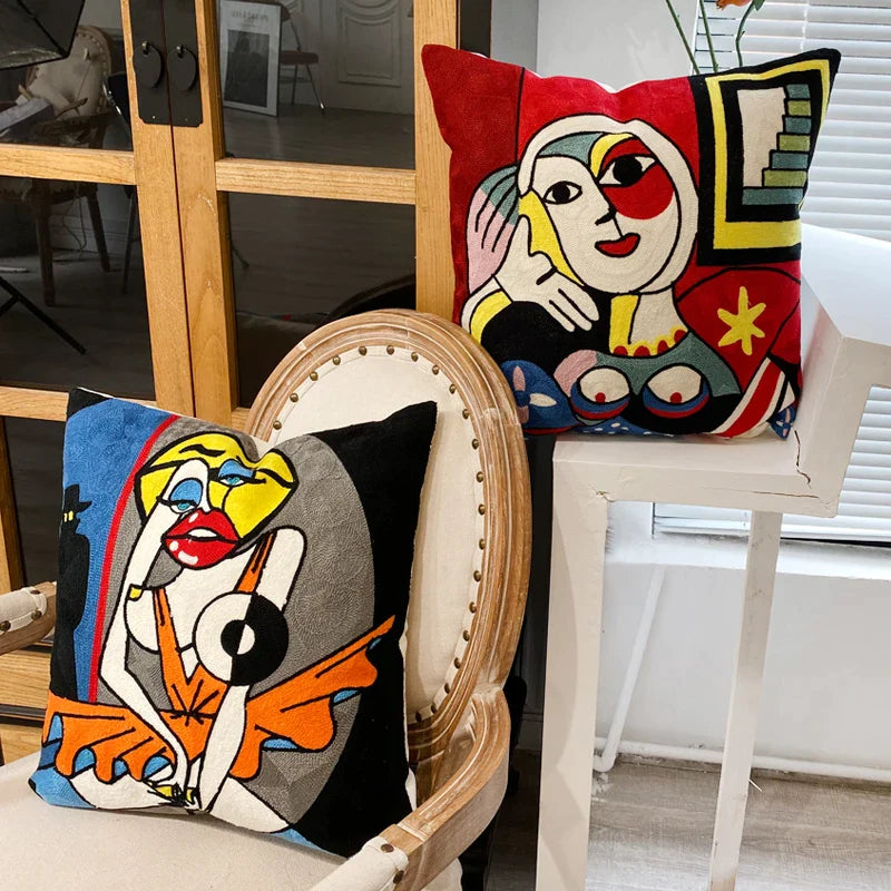 Afralia™ Picasso Embroidery Abstract Pillowcase, Decorative Throw Pillows Covers, 45x45cm