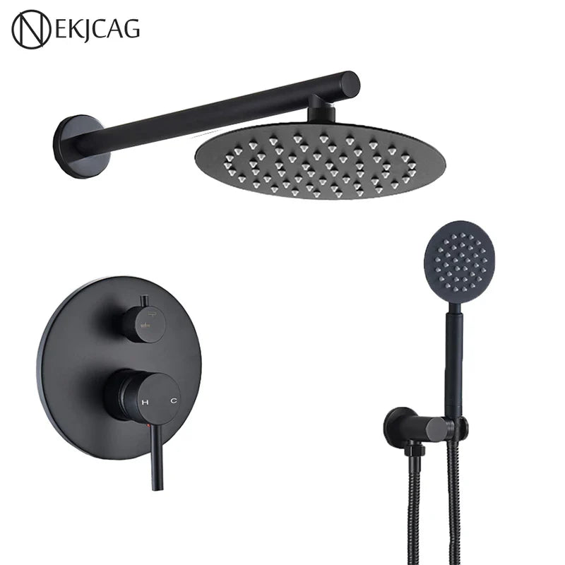 Afralia™ Matte Black Brass Round Bathroom Shower Faucet 2 Function Mixer Set