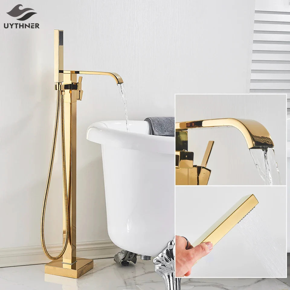 Afralia™ Gold Bathtub Faucet Set Hot Cold Water Shower Mixer Tap Waterfall Floor Stand
