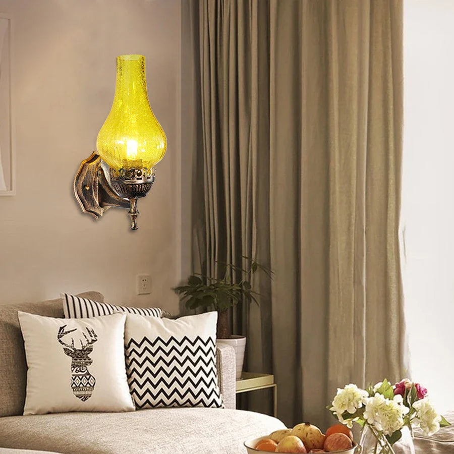 Afralia™ Vintage Chinese Style Metal Wall Glass Light with Crack Lampshade