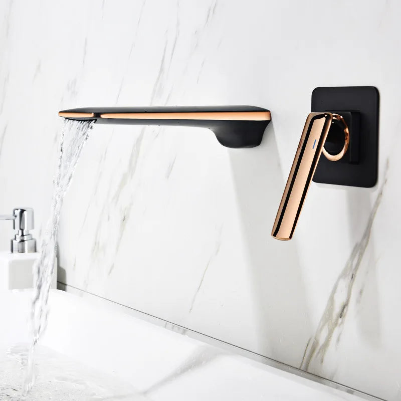 Afralia™ Rose Gold & Black Basin Faucet Set: In-Wall Waterfall Mixer Tap