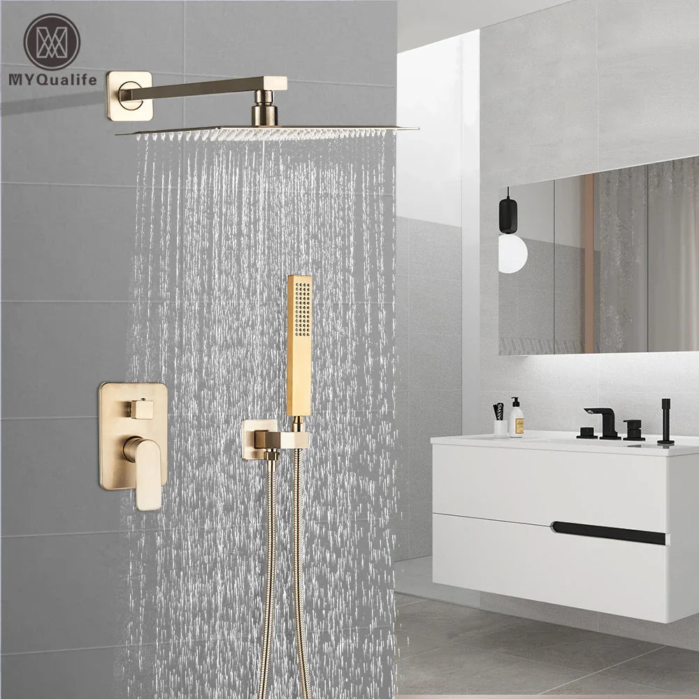 Afralia™ Brushed Gold Shower Mixer: Wall Mount Rainfall Head, Hand Shower, Rotate Tub Spout