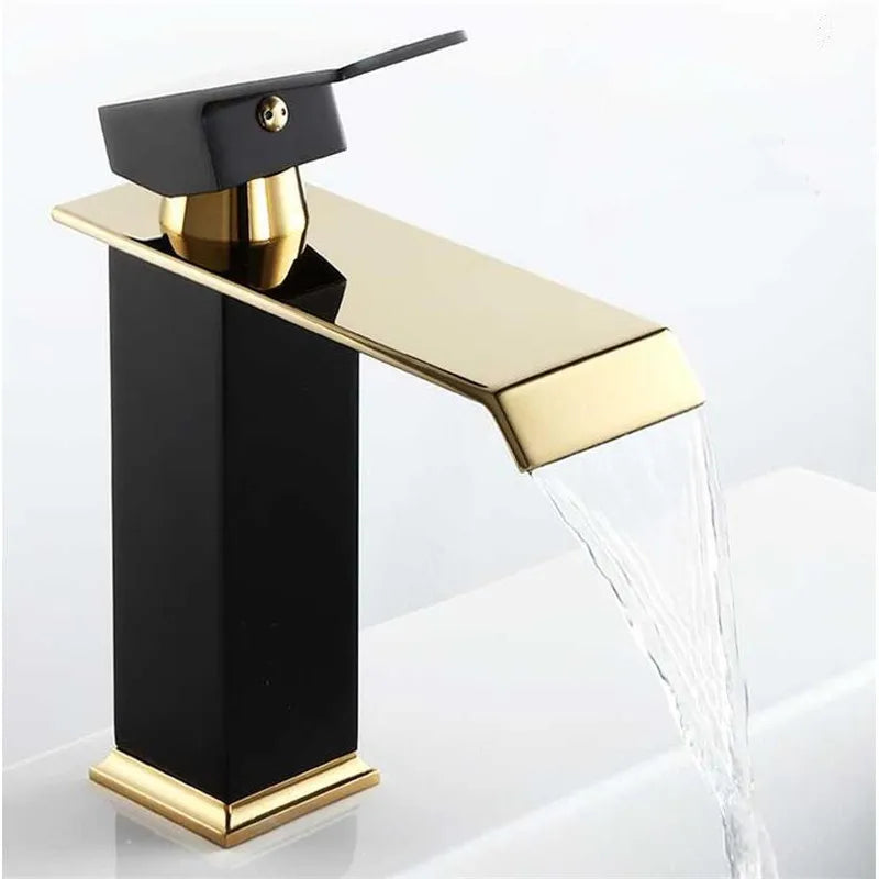 Afralia™ Gold Black Waterfall Basin Faucet Mixer Tap Hot Cold Sink Brass Bathroom