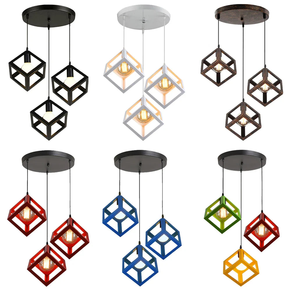 Afralia™ Geometric Cube Pendant Lights Trio Metal Shades Square Ceiling Lamps