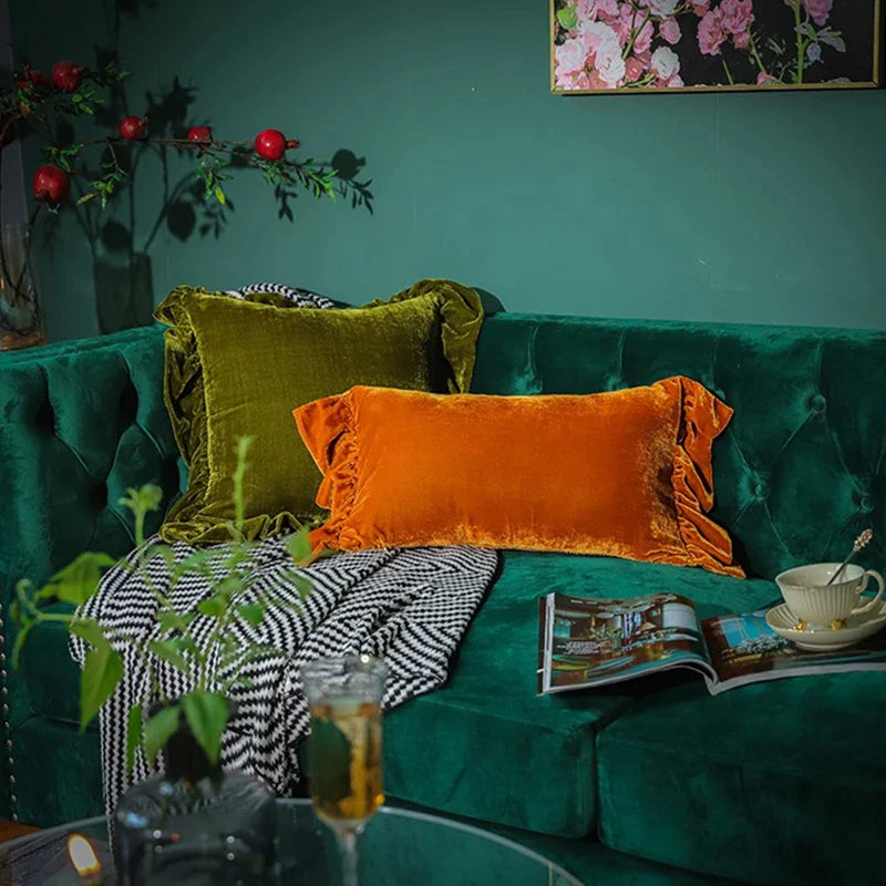 Afralia™ Luxe Orange Velvet Ruffled Euro Pillow Sham - French Style Elegance