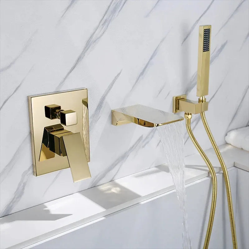 Afralia™ Gold Bathtub Shower Faucet Set with Handheld Waterfall & Mixer Tap