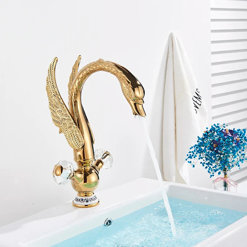 Afralia™ Golden Swan Crystal Handle Basin Faucet - Deck Mount Luxury Bathroom Mixer