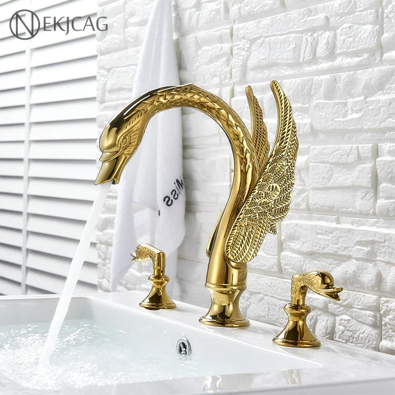 Afralia™ Golden Swan Basin Faucet Double Handle Hot Cold Mixer Tap for Bathroom