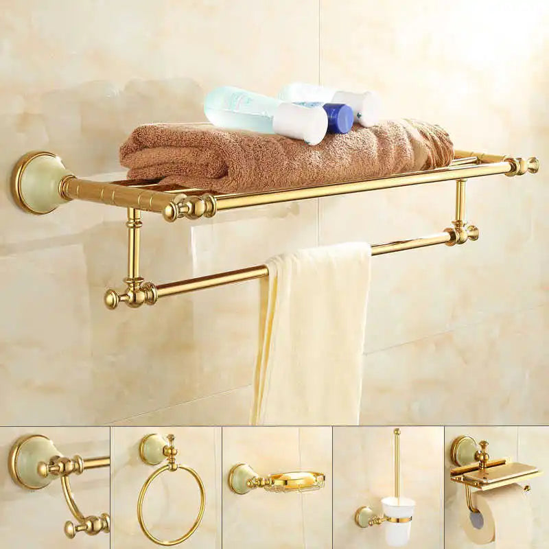 Afralia™ Gold Bathroom Accessories Set: Shelf, Towel Rack, Holder, Brush Holder, Bath Hardware