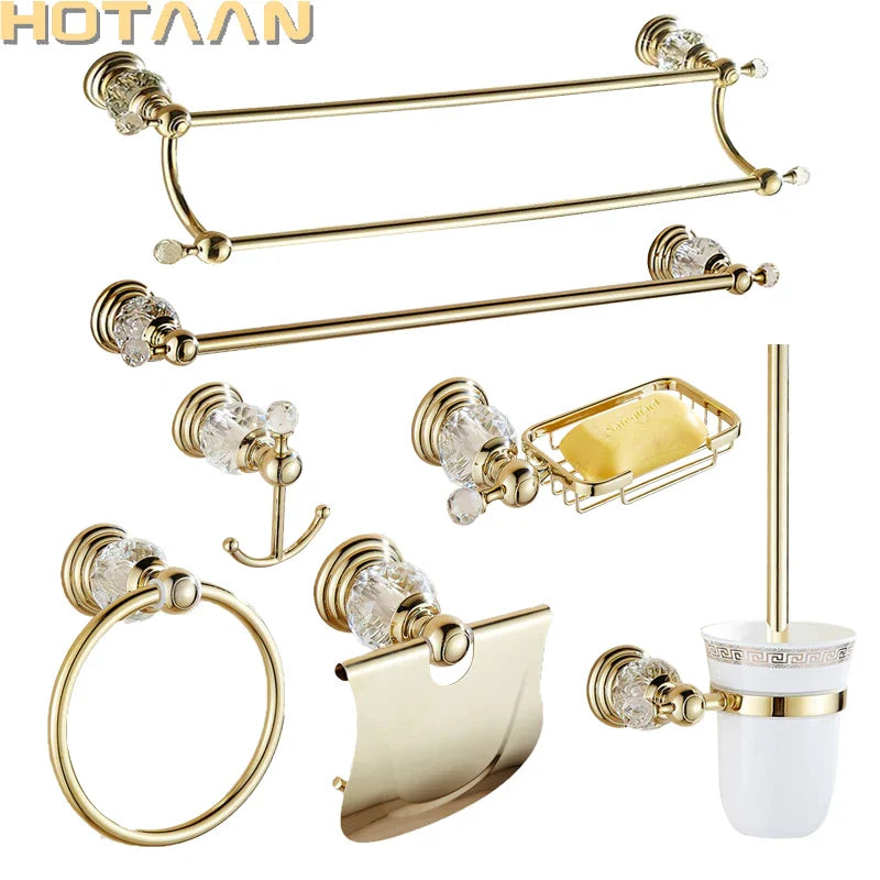 Afralia™ Gold Crystal Bathroom Accessories Set: Luxe Brass Bath Hardware Wall Mount Collection