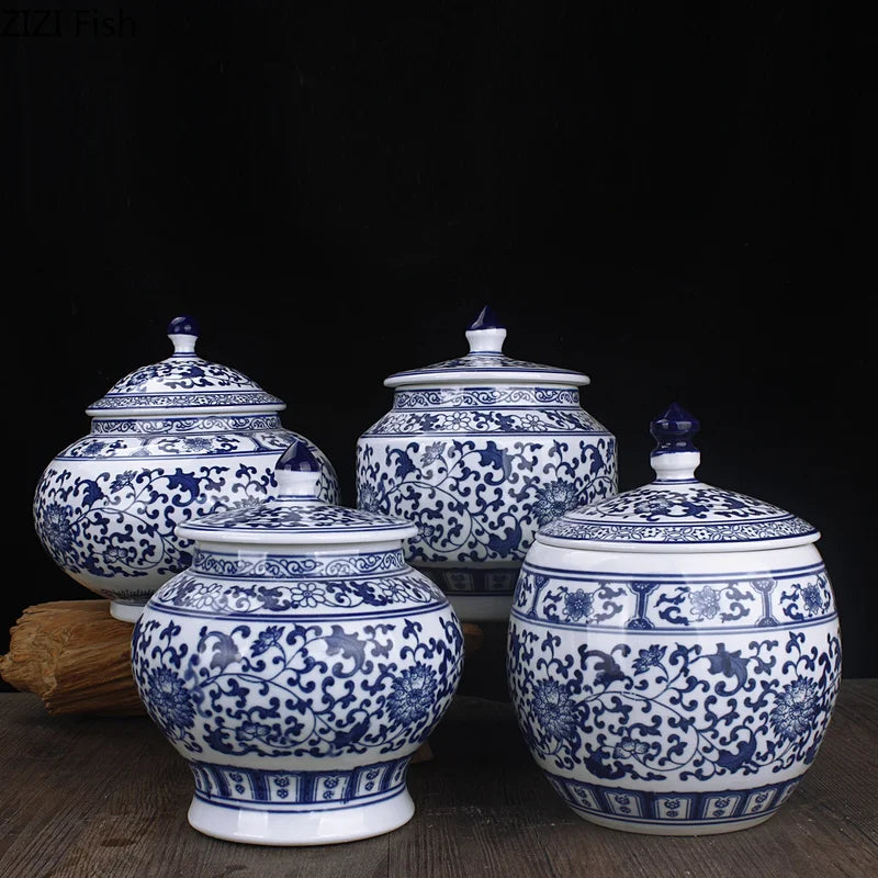 Afralia™ Blue White Porcelain Storage Tank for Living Room Decor & Small Objects.