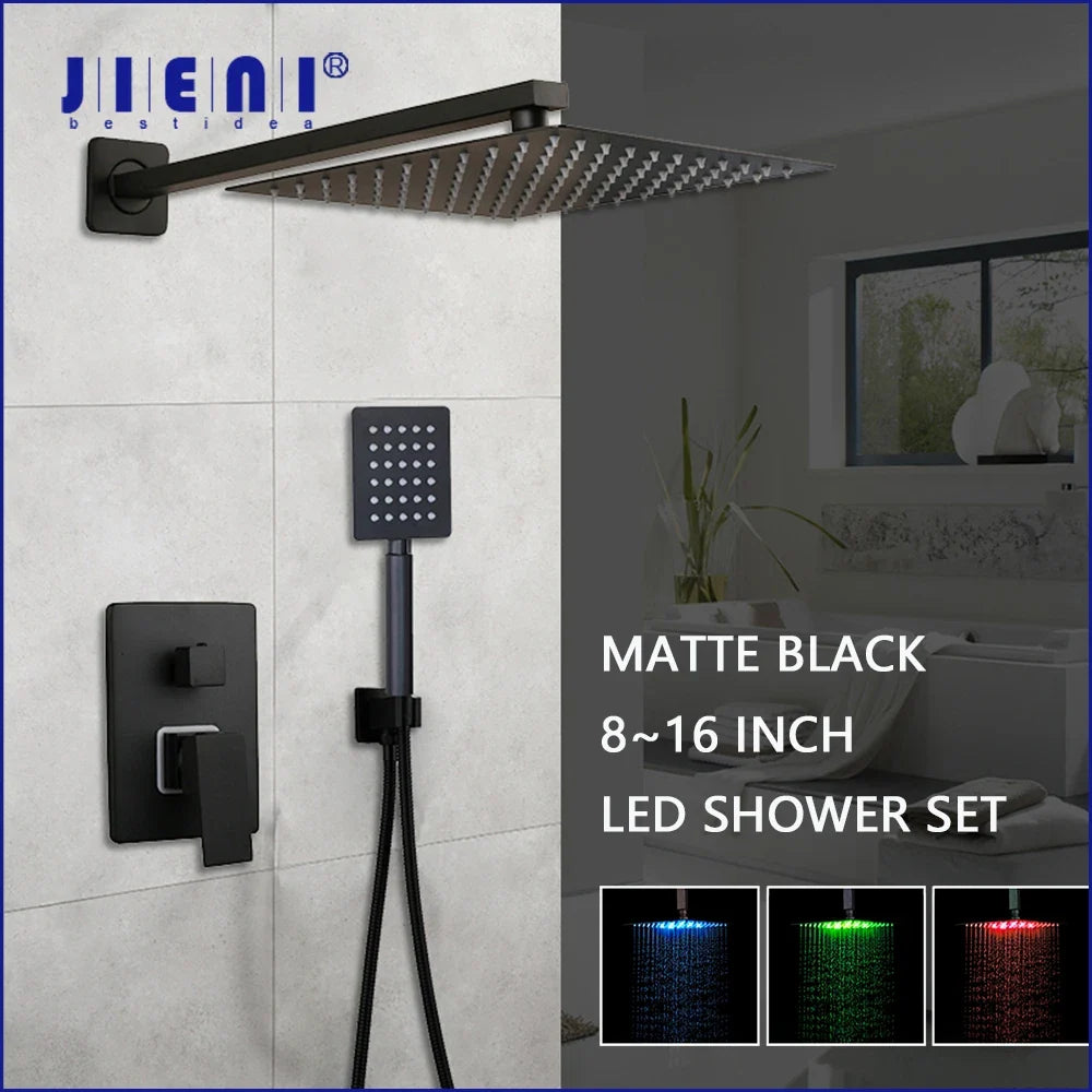 Afralia™ Matte Black LED Shower Faucet Set with Wall Mounted Rainfall Shower Head