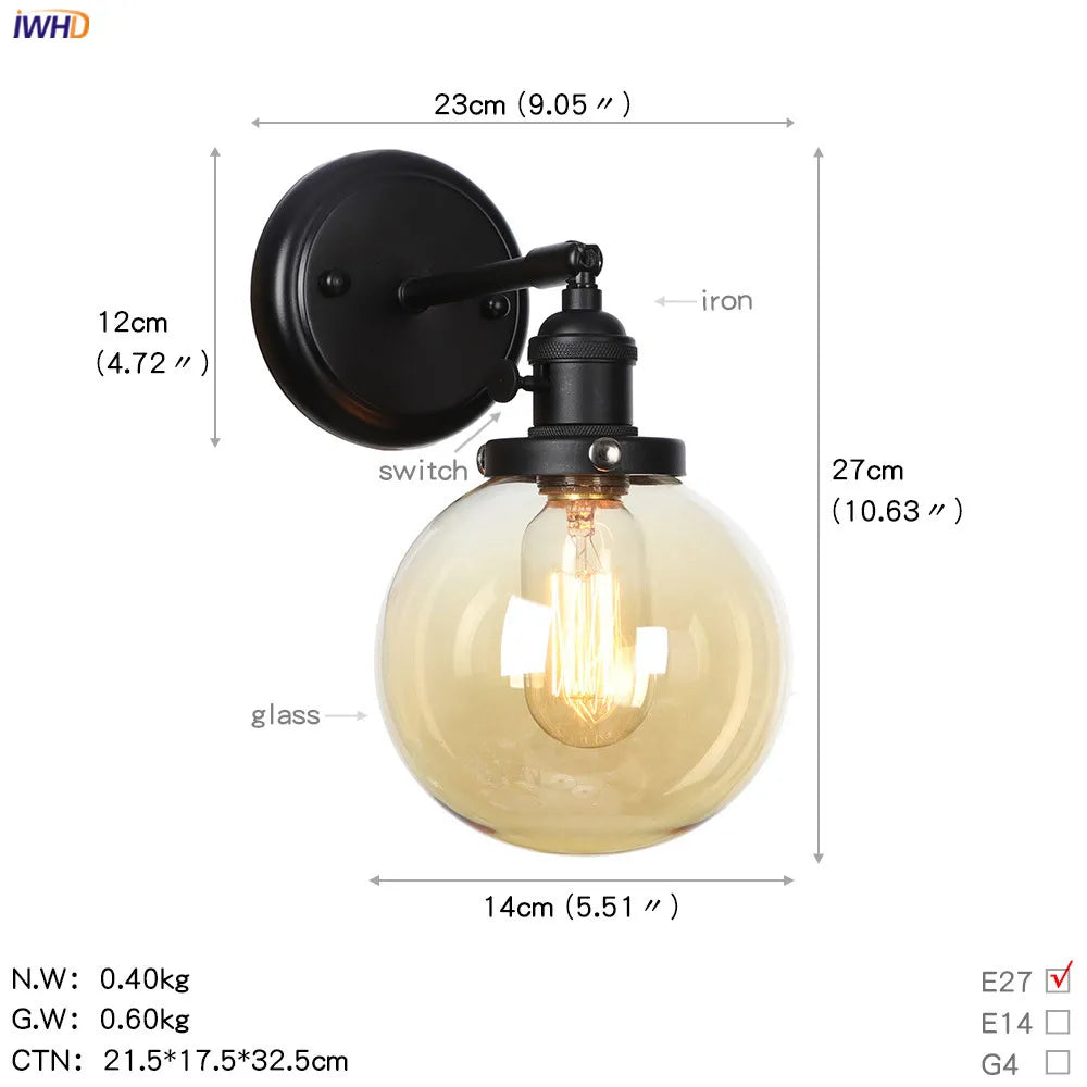 Afralia™ Loft Glass Ball Wall Light Switch Black Wall Sconces - Industrial Decor