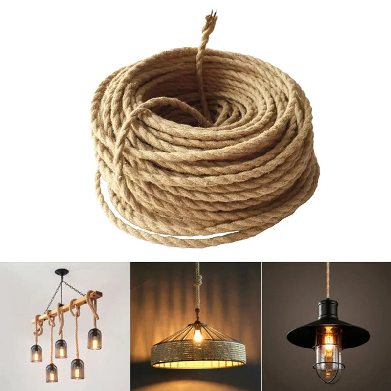 Afralia™ 2Core Copper Hemp Rope Woven Textile Wire Cable - Vintage Industrial Pendant Light Cord
