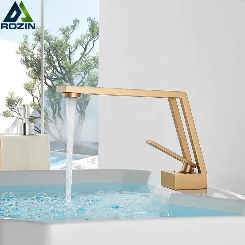 Afralia™ Square Brushed Gold Basin Faucet with Hollow-Carved Design