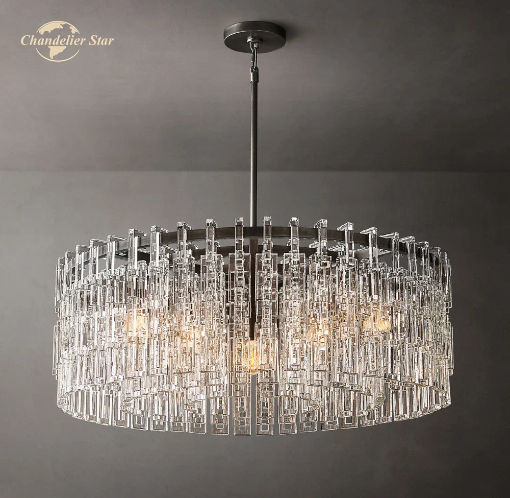 Afralia™ Modern LED Round Chandelier Black Brass Glass Chrome Pendant Light
