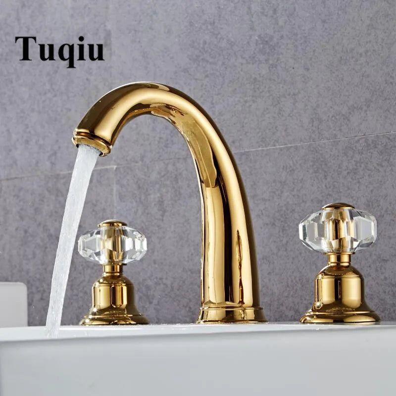 Afralia™ Crystal Handle Gold Basin Faucet, Widespread Sink Tap, Hot/Cold Mixer