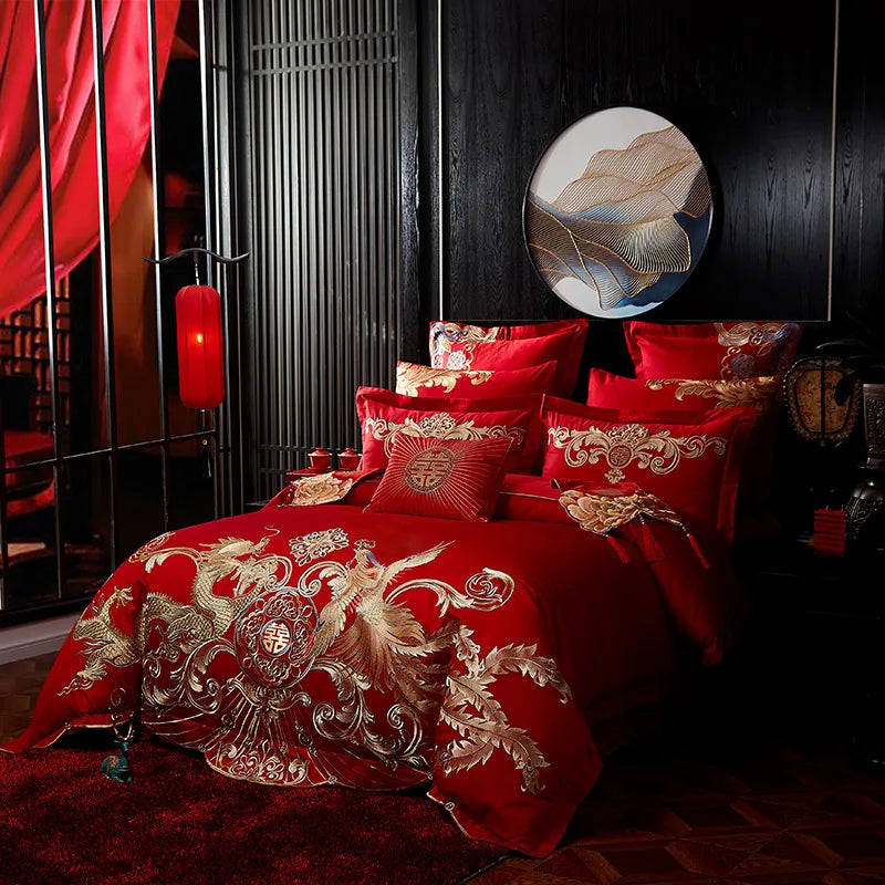 Afralia™ Red Chinese Wedding Gold Phoenix Embroidery Bedding Set, 100% Cotton